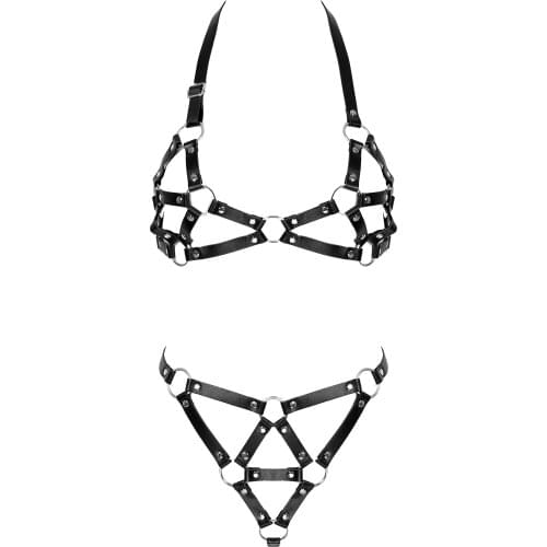 Women Two-Piece Porno Lingerie Sets Erotic Underwear Adult Sex Role Play Restraints Body Chest Faux Leather Belt Bra Tops T-Back