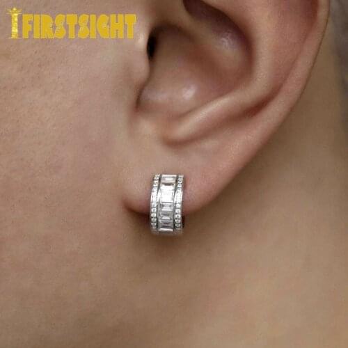 Hip Hop Cubic Zirconia Ice Out Bling Hoop Earring Silver Color Fully Baguette CZ Huggie Round Earrings For Men Women Jewelry
