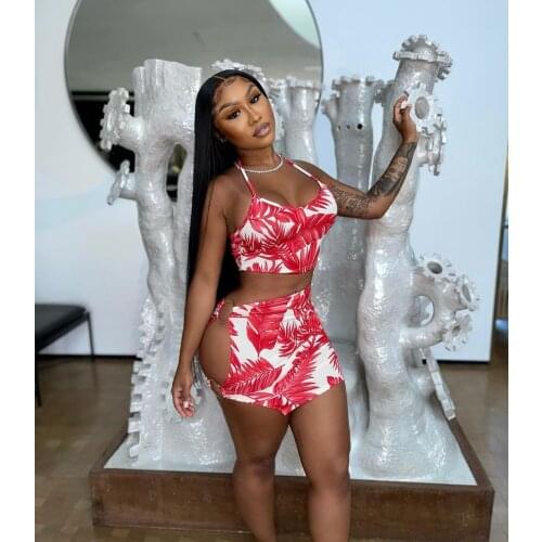 Summer Beach wear Leaf Print Skirts 2 Piece Outfits 2021 Sexy Cut Out Halter Crop Top + Mini Skirts Club wear Two Piece Set
