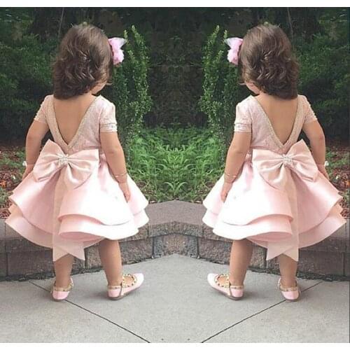 Cute Pink Baby Girl Birthday Dress Tiered Puffy Skirt Backless Flower Girl Dress Kids Clothes 1-14Y