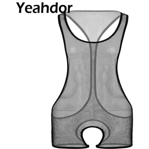 Mens Sexy One-Piece See Through Lingerie Bodysuit Sheer Fishnet Sleeveless Scoop Neck Crotchless Jumpsuit Male Nightwear Leotard