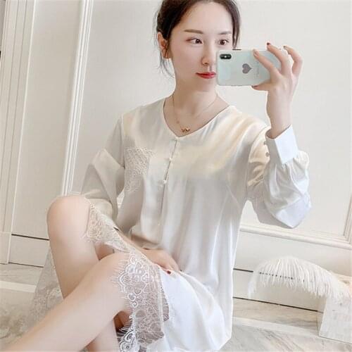 Lace night dress sexy long-sleeve new loose nightgown Korean comfortable home service ladies shirt skirt sleepwear пижама