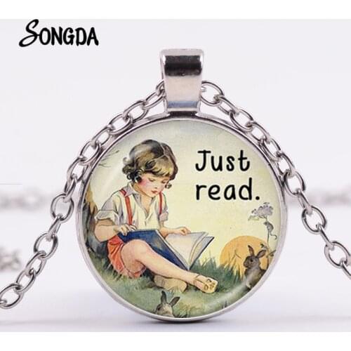 Just Read Necklace Children Reading Book Picture and Rabbit Cartoon Glass Cabochon Silver Plated Choker for Book Lovers