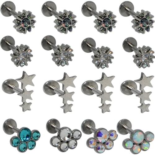 4Pcs Flower Ear Cartilage Tragus Helix Stud Piercing G23 Titanium & Steel Zircon Opal Bar Lip Labret Rings Stud Body Jewelry