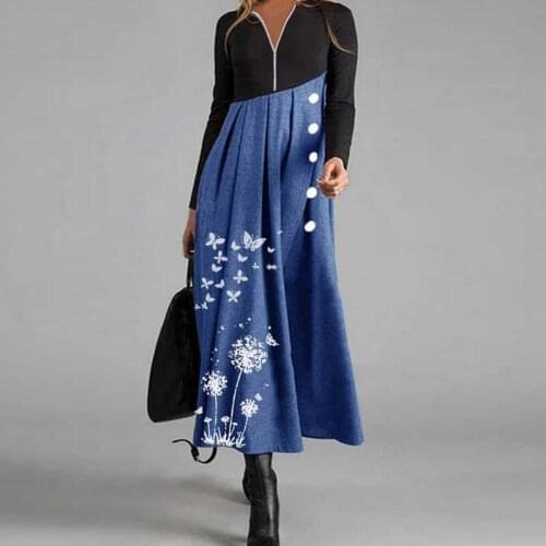 4XL Oversized Dress Stitching Dandelion Print Loose Skirt Ladies Casual Zipper Long Sleeve Women A-line Dresses Clothes For Lady