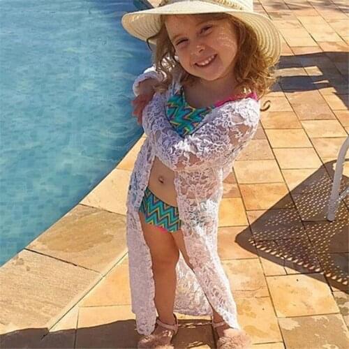 Girls Beach Dress Toddler Kids Baby Girls Floral Lace Sunscreen Beach Dress Bikini Cover Up Swimming Clothes Outerwear