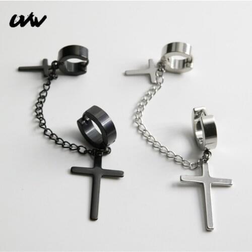 UVW324 2pc Fashion Punk Tassel Chain Cross Dangle Earrings for Women Men Silver Color Chic Korea Kpop Pendientes Brincos Aretes