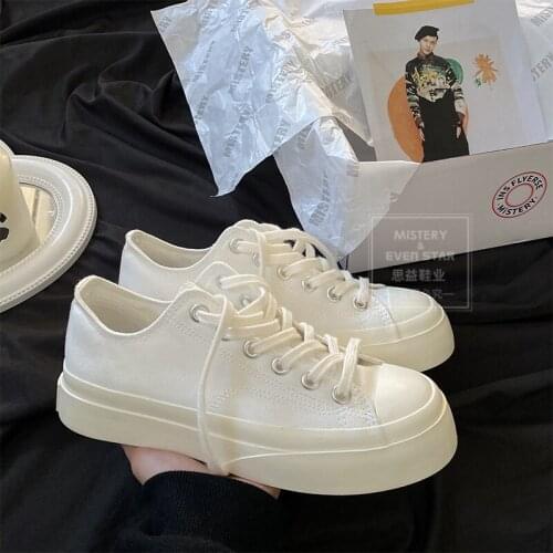 Canvas shoes women thick soles increase The Japanese tie big head shoes 2021 spring new retro student small white shoes
