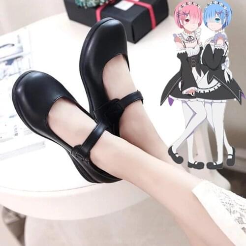 Re:Zero kara Hajimeru Isekai Seikatsu Ram Rem Kasugano Sora Women Maid Black Leather Flat Low Heel Shoes Seikatsu Emilia Rem Ram