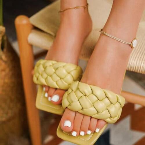 2021 Women Weave Casual Slipper Woman Summer Beach Sewing Slide Female Square Toe Solid Flat Ladies Fashion Plus Size Footwear