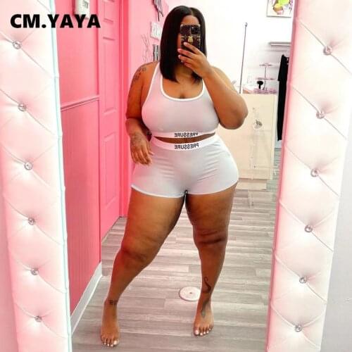 CM.YAYA Women Plus Size Swimsuit Letter Print Crop Tank Tops Sheath Ealstic Shorts 2 Two Piece Set Sexy Swimwear Beachwear 2021