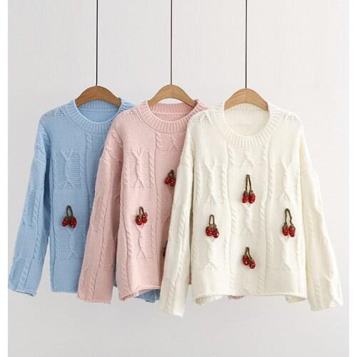 Korean Fashion Strawberry Sweater Women 2021 Winter Warm Knitted Pink Pullovers Sweet Style Jumpers Korean Female Knitwear