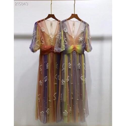 2021 Summer Fashion Runway Dress Women V-Neck Half Sleeve Beading Gradient Color Retro Crystal Long Holiday Vintage Mesh Dress