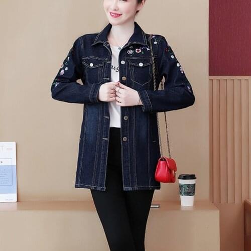 Winter Denim Jacket Warm Women Floral Embroidery Parka Coat Casual Outerwear Stylish Thicken Jean Coats Female 2021