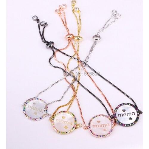6PCS ZYZ-B7288 "mama" Jewelry Bracelet Pave CZ round shell Chain Bracelet Adjustable Female Jewelry