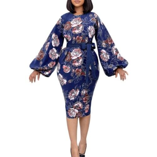 African Dresses for Women Summer New African Women Long Sleeve Printing Plus Size Knee-length Dress African Clothes Women