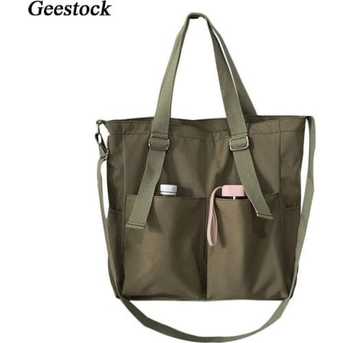Geestock Canvas Shoulder Bags Youth Fashion Large Capacity Handbags Girl Casual Crossbody Bags Multi-pockets Student Tote Bag