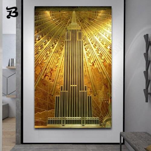 Canvas Painting Golden Empire State Building Poster Modern Abstract Art Canvas Prints Wall Art Picture for Living Room Decor