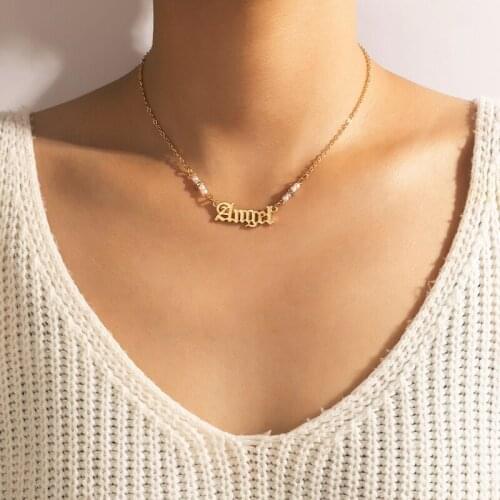 HuangTang Fashion Letter Pearl Pendant Necklace for Women Gold Color Alloy Metal Clavicle Chain Charming Jewelry Party 17959
