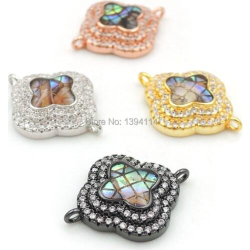 20*16*5mm Micro Pave Clear CZ Gridding Abalone Shell Gradual Clover Connectors Fit For Men And Women Making Bracelets Jewelry