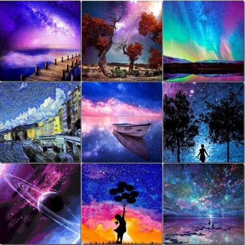 Oil Painting By Numbers Starry Sky Night Landscape Kit Diy Modern Wall Art Acrylic Pictures By Number For Adults Home Decor Gift