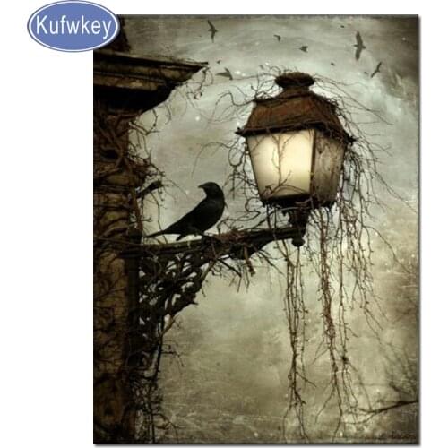 KUFWKEY Wall Art diamond Painting Crow lamp Nordic style diamond mosaic Black White Canvas Pictures For Living Room Bar Decor