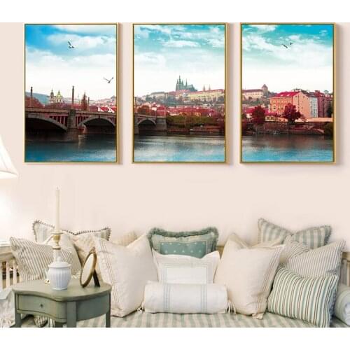Seaside Town Landscape Canvas Painting Seagull Castle Poster and Print Scandinavian Style Wall Art Modern Home Living Room Decor
