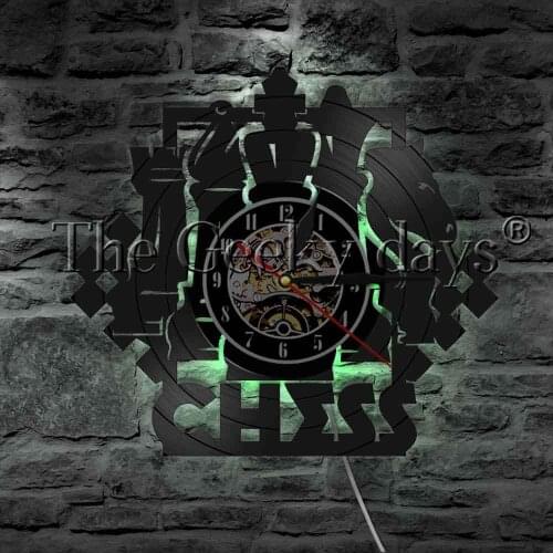 Chess Game Vinyl Record Wall Clock Wall Watch Decorative Lighting LED Hanging Lamp Black Chessboard Strategy Competition