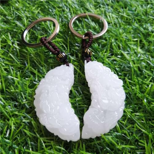 Real natural Handmade Chinese White jade Carved dragon Phoenix pendant KeyChain Fashion Jewelry wholesale