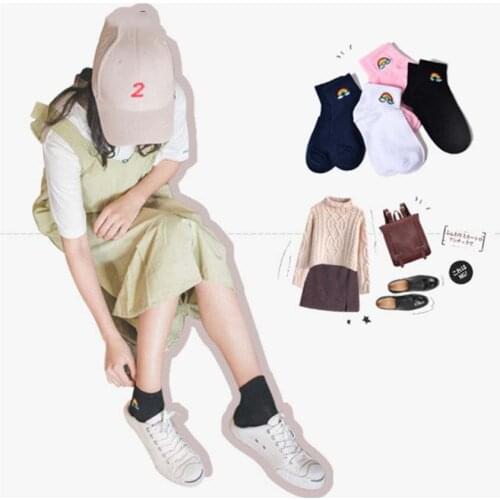 Japan Harajuku Fashion Socks Women Creative Cartoon Embroidery Rainbow Eyes Pattern Cotton Cute Calcetines Novelty Funny Socks