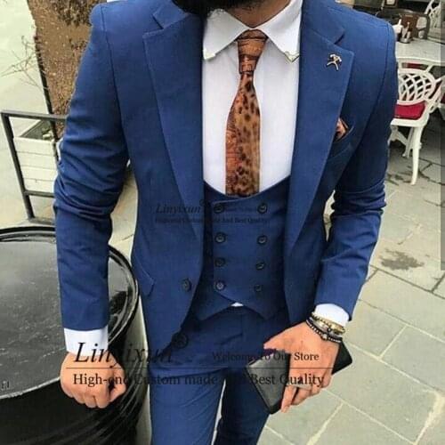 2020 New Men Suits Navy Blue Men Prom Party Suits Slim Fit Groom Tuxedos Formal Wedding Suits (Jacket+Pant+Vest) costume homme