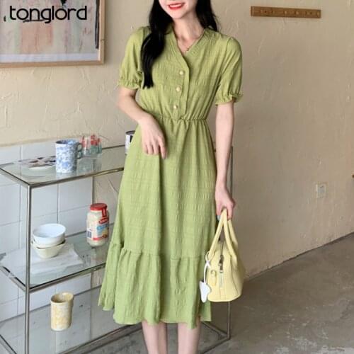 2021 New Elegant Women Chiffon Dresses Summer Short Sleeve V-Necki Three Button Dress Female Solid Ruffle Vestidos Dropshippping