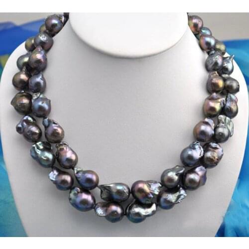 Rare 2row 18mm--23mm baroque black kashi reborn pearl necklace 18-20"