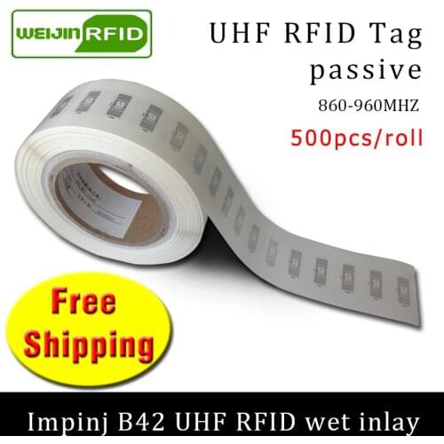 RFID tag UHF sticker Impinj B42 EPC 6C wet inlay 915mhz 868mhz860-960MHZ 500pcs free shipping adhesive passive RFID label