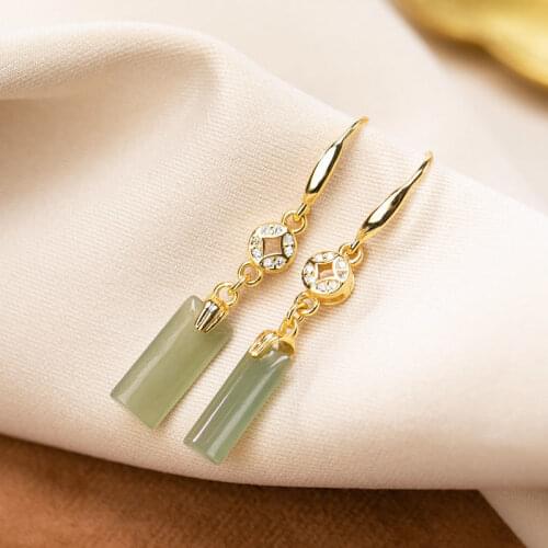 S925 Sterling Silver Retro Fashion Trends Personalized Coin Inlaid Natural Jasper Earrings Eardrop Earring Anti-Allergy Women