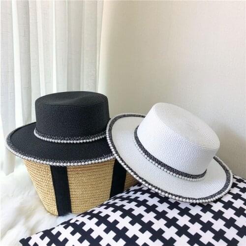 2021 Elegant Summer New Sunshade Straw Hat Pearl Sun Hat Jazz Ladies Summer Wide Brim Flat Sun Straw Hat Panama Straw Beach Hat