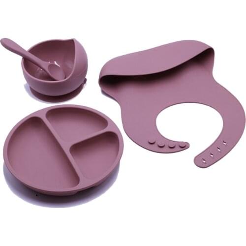 4pcs BPA Free Baby Silicone Tableware Waterproof Bib Solid Color Dinner Plate Sucker Bowl Spoon For Children