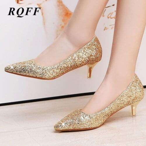 Gold Silver Luxury Dress Pumps Women Plus Big Size Shoes Woman Wedding Party Solid Sequined Red Thin Med Heels Shallow 12 Spring