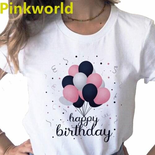Happy Birthday Letter Harajuku Print Ladies Top T-shirt Casual Basics O-Collar White Shirt Short Sleeve Ladies T-shirt,Drop Ship