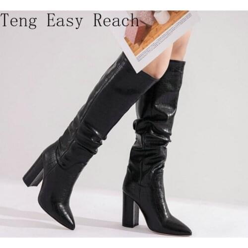 2021 luxury brand classic womens winter shoes pumps block high heels knee high boots pleated sexy ladies boots drop shipping 43