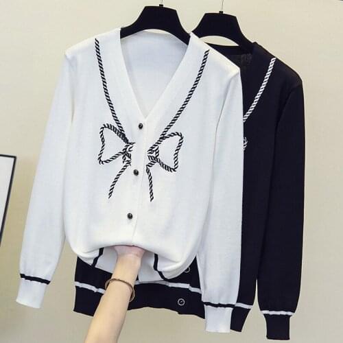 2021 Autumn And Winter Women Oversized Sweater Cardigans V Neck Loose Bow print Knitted Jackets Single Breasted Sweaters Femme