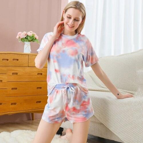 Women Knitted Round Neck Pullover Short-Sleeved Pajamas Set Casual Summer Short Pants Female Home Clothes