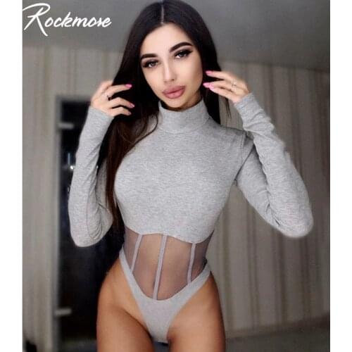 Rockmore Mesh Patchwork Sexy Bodysuit Women Turtleneck Jumpsuit Black Body Long Sleeve Winter Bodies White Bodysuits Ladies