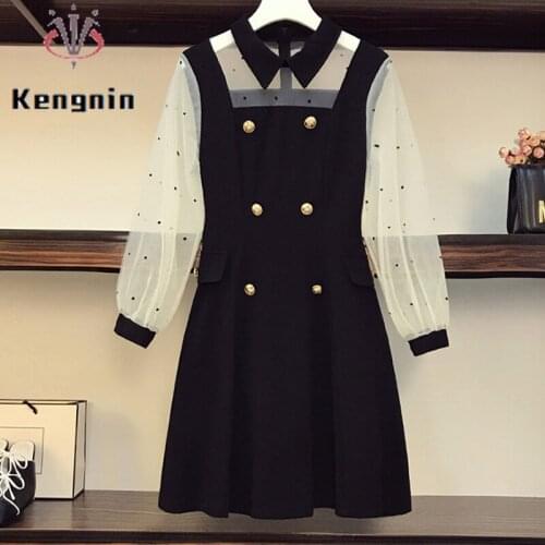 New 2021 Autumn Women Dresses French Style Ladies Vestidos Black Dress Patchwork Mesh Loose Oversized 4XL Female Dress KE1779