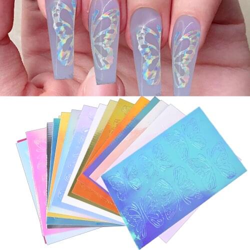 12/16/55Pcs Butterfly Wings Flame Stencils Holographic 3D Nail Art Sticker Tape Decals Adhesive Laser Foils DIY Decoration Nail