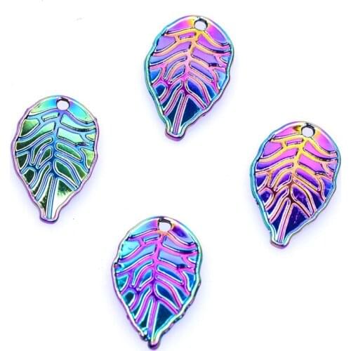 2pcs/lot 18x11mm Rainbow Color Leaf Necklace Pendant Charms For Jewelry Makings Handmade Components Women Accessories R126