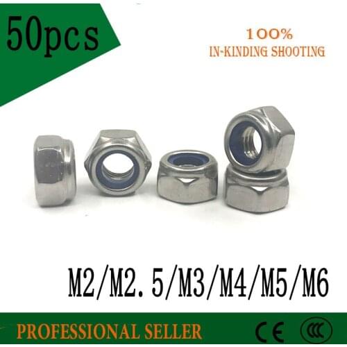 50pcs DIN985 M2 M2.5 M3 M4 M5 M6 carbon Steel Nylon Insert Hex Lock Nuts A2 Hexagon Nyloc Self Locking Nut