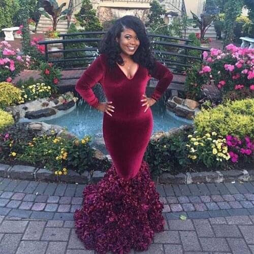 Burgundy Velvet Prom Dress 2022 V Neck Long Sleeves Mermaid Evening Party Gown Flower Bottom Wedding Guests Formal Wear
