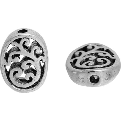 DoreenBeds Zinc Based Alloy Spacer Beads Oval Silver Color Filigree DIY Beads 13mm x 10mm( 3/8"), Hole: Approx 1.7mm, 10 PCs