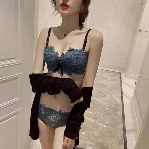 Sujetadores Para Mujeres Sexy Floral Embroidery Bow Bra Sets Seamless Underwear Intimate Gather Panty and Bra Sets Lingerie